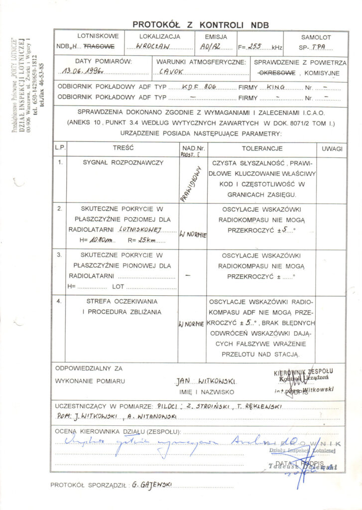 Protokół wykonania kontroli, np. badanej 13 czerwca 1996 r. radiolatarni NDB Wrocław, wraz z akceptacją ULC, jest podstawą do dopuszczenia urządzenia do pracy operacyjnej. Zdjęcie: ze zbiorów Pawła Szpakowskiego