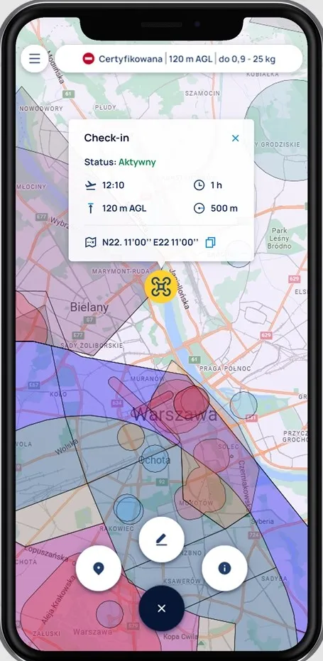 Widok aplikacji DroneTower z aktywnym Check-Inem i mapą stref geograficznych BSP