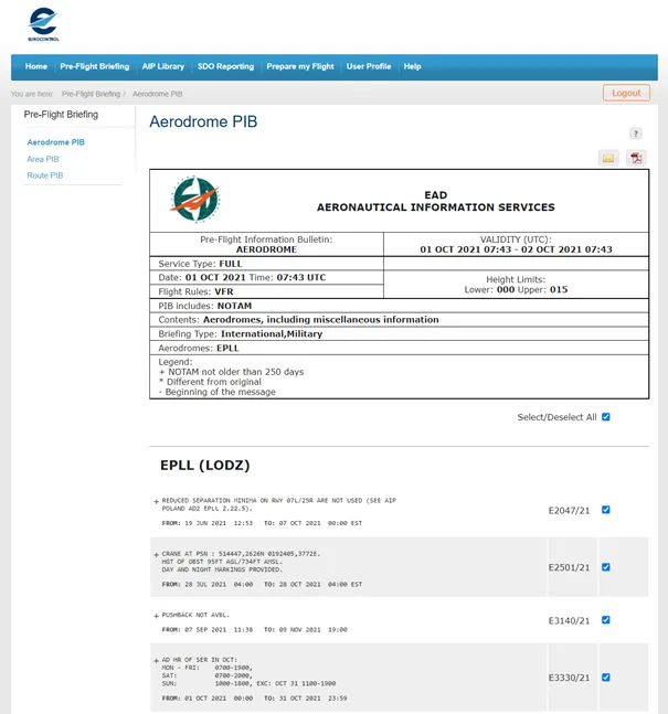 Widok systemu EAD z biuletynem NOTAM i informacjami lotniczymi Aerodrome PIB