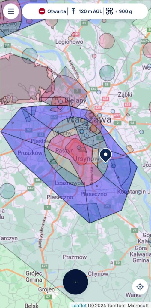 Informacja o strefach w danej lokalizacji prezentowana w w aplikacji DroneTower.